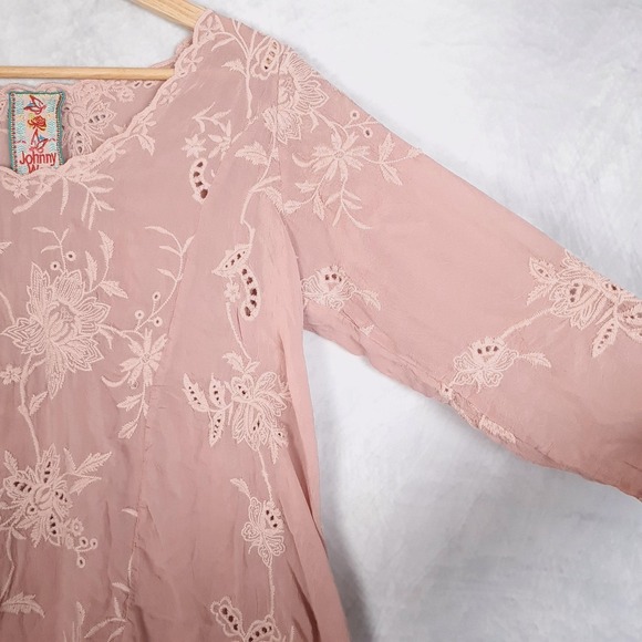 Johnny Was Tunic Shirt Womens XS Pink Embroidered Boho Peasant Top Floral Lace - Picture 5 of 16